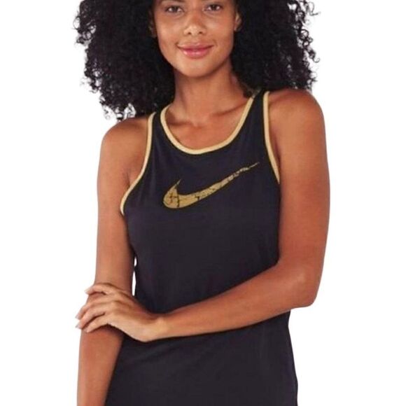 Nike Womens Tank Top Black Gold Dri Fit Athletic Running Shirt Small - Picture 1 of 7